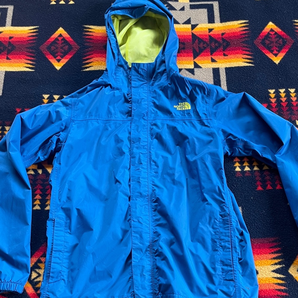 The North Face Kids Bright Blue Hooded Raincoat with Lime Lining